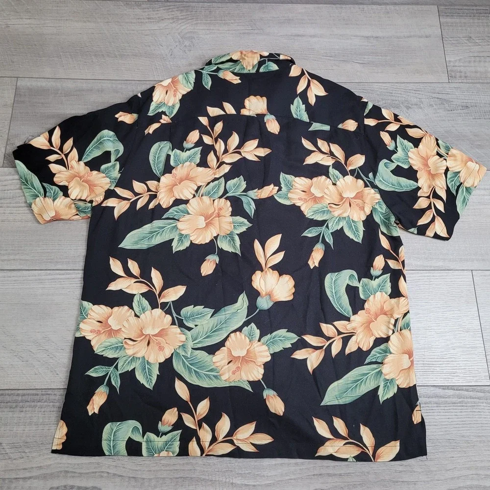 🌴 Tommy Bahama Hawaiian Shirt Mens XL Black Floral Camp 100% Silk Aloha Resort